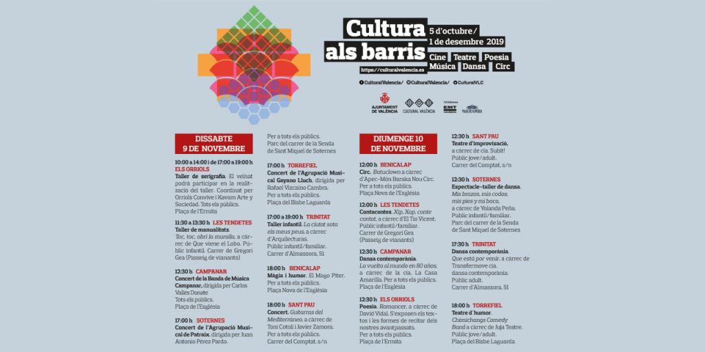  LA CULTURA SE ACERCA ESTE FIN DE SEMANA A OCHO BARRIOS DE LA CIUDAD, CON ACTIVIDADES GRATUITAS PARA TODOS LOS PÚBLICOS